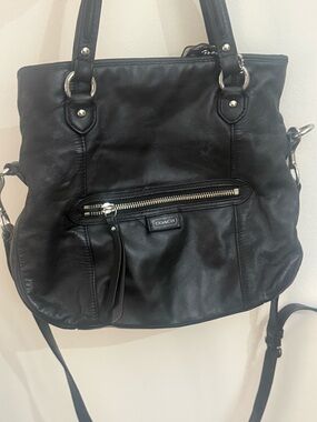 COACH Black Leather Shoulder Tote with Front Zip Pocket